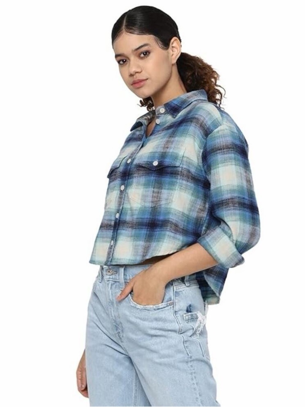 American Eagle Blue Cozy Cropped Plaid Flannel Long Sleeve Button Up Shirt M
